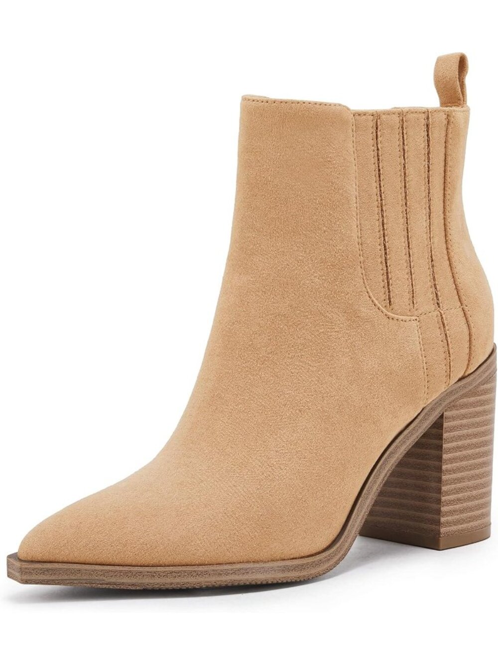 Women's Camel Ankle Boot Slip on Pointed Toe Chunky Block Mid Heel Leather